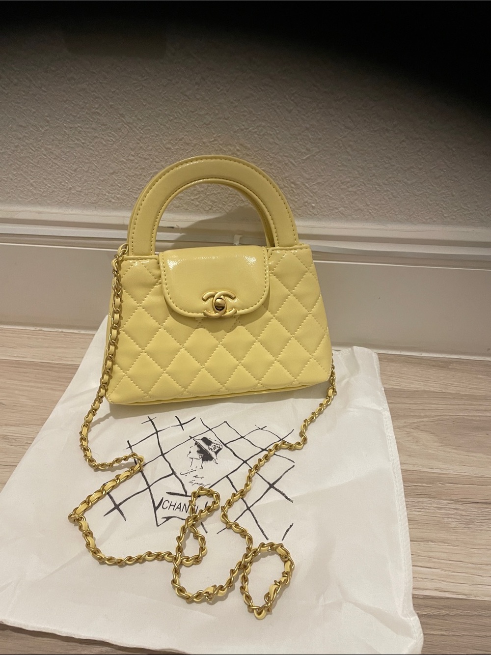 CHANEL Pale Yellow Quilted Top-Handle Mini Bag with Chain Strap